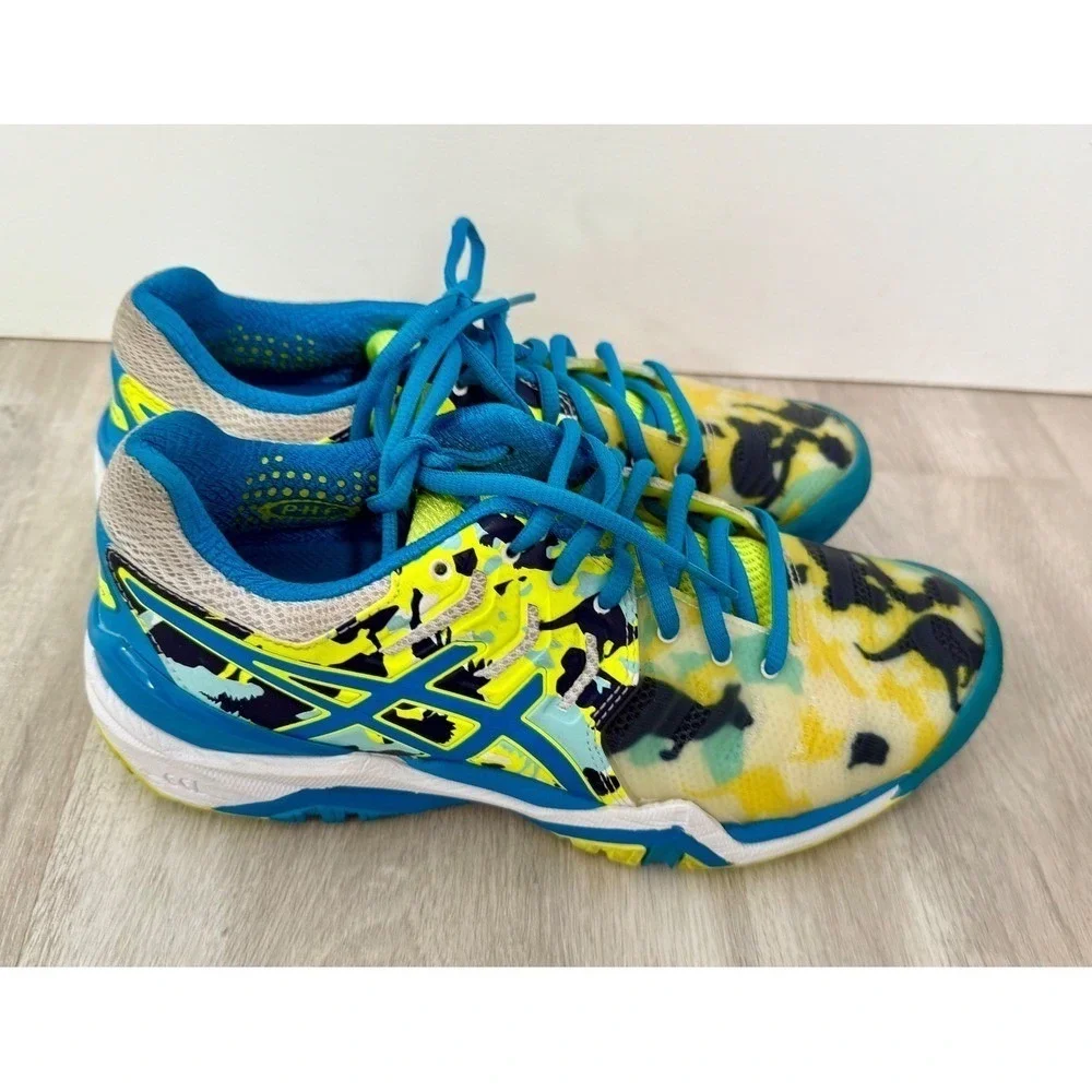 ASICS Gel Tennis Shoes Women Size 7 Australia Koala Kangaroo Print Blue Yellow
